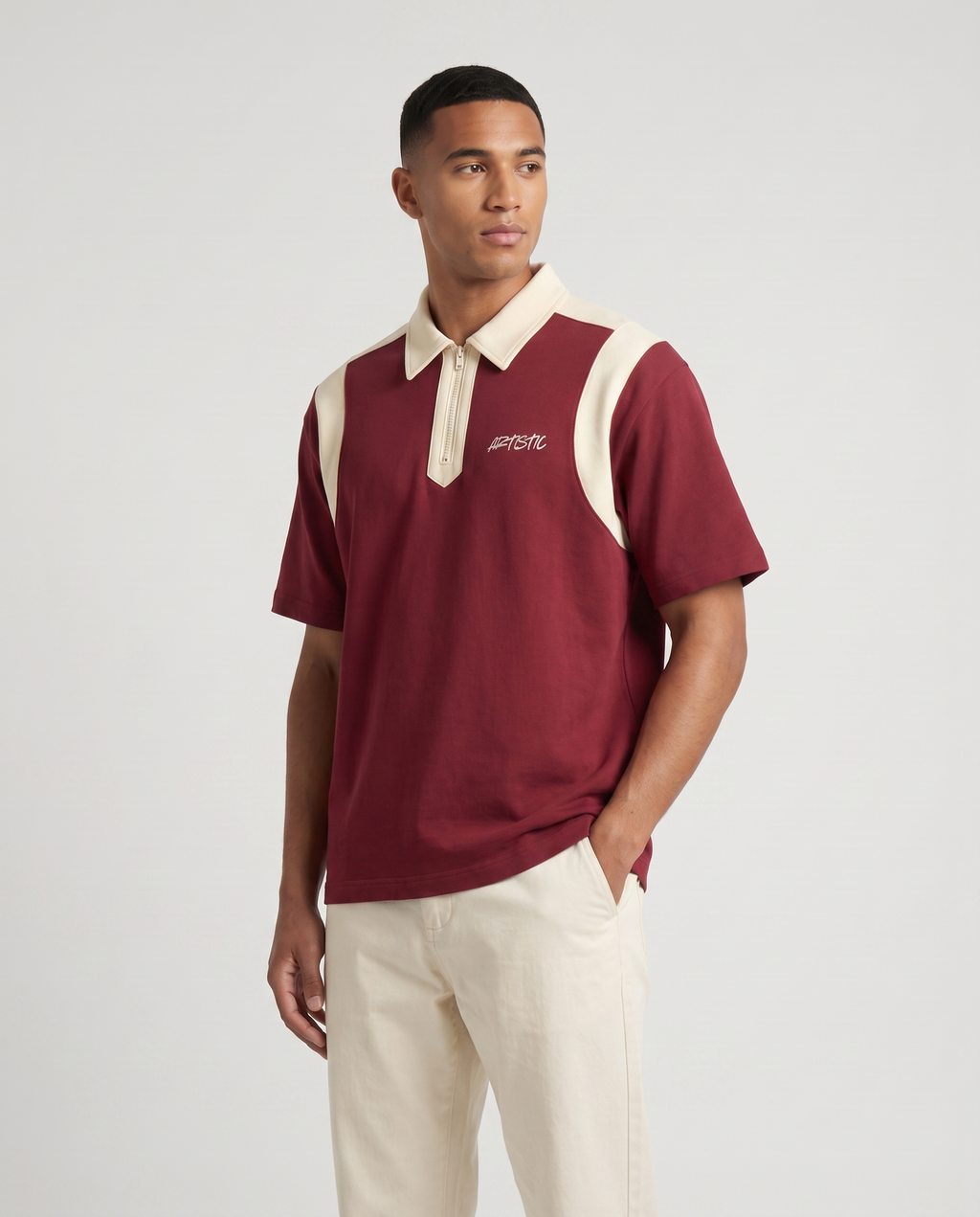 The Wine Club zip polo — three-quarter angle