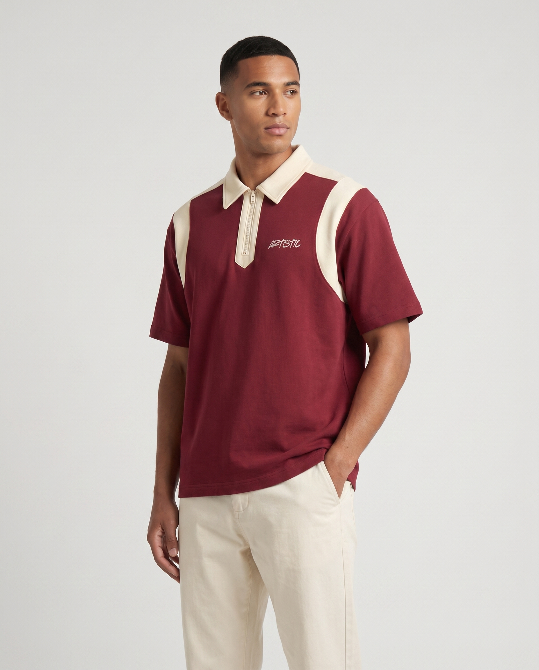 The Wine Club zip polo — three-quarter angle
