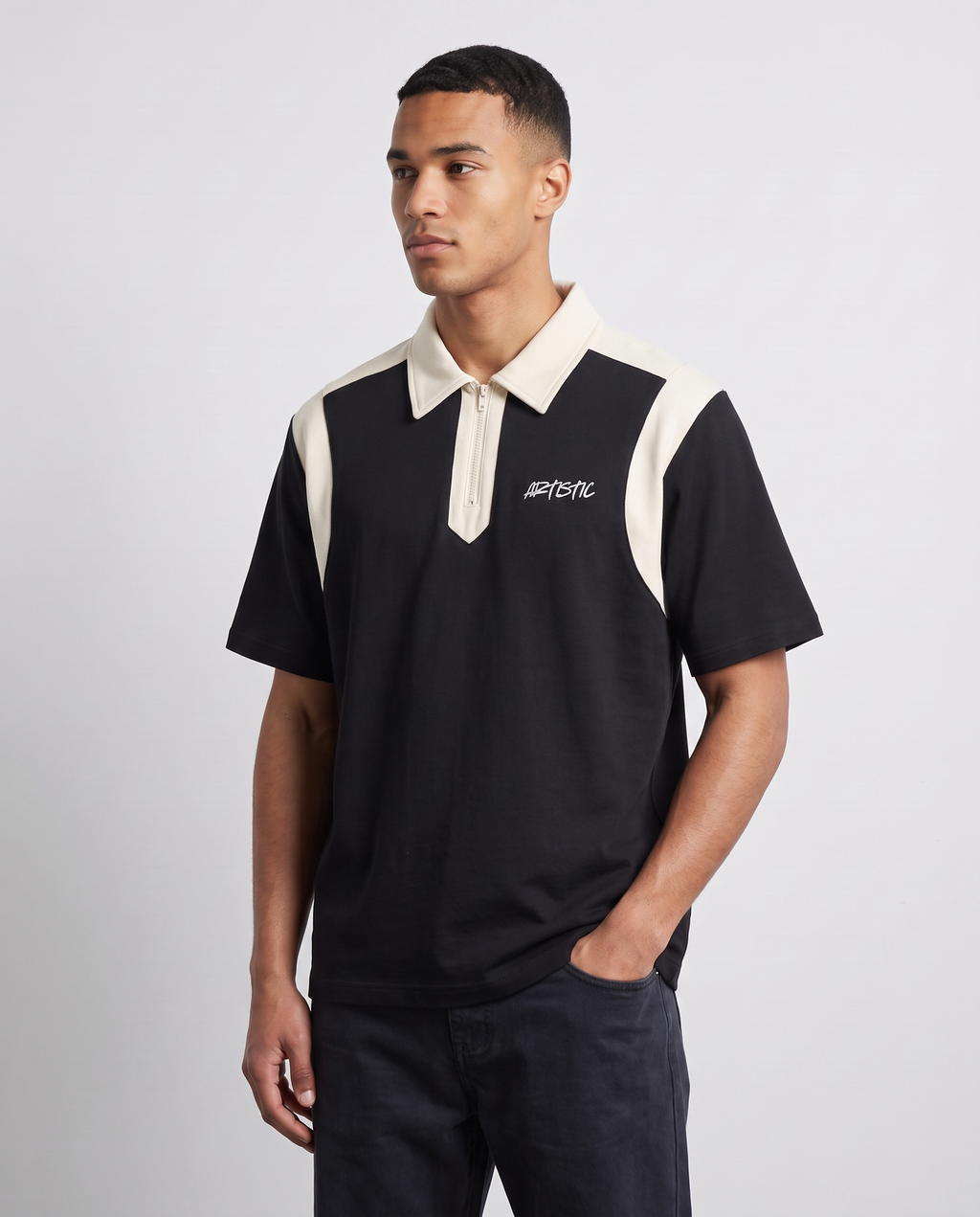 The Night Cap zip polo — three-quarter angle
