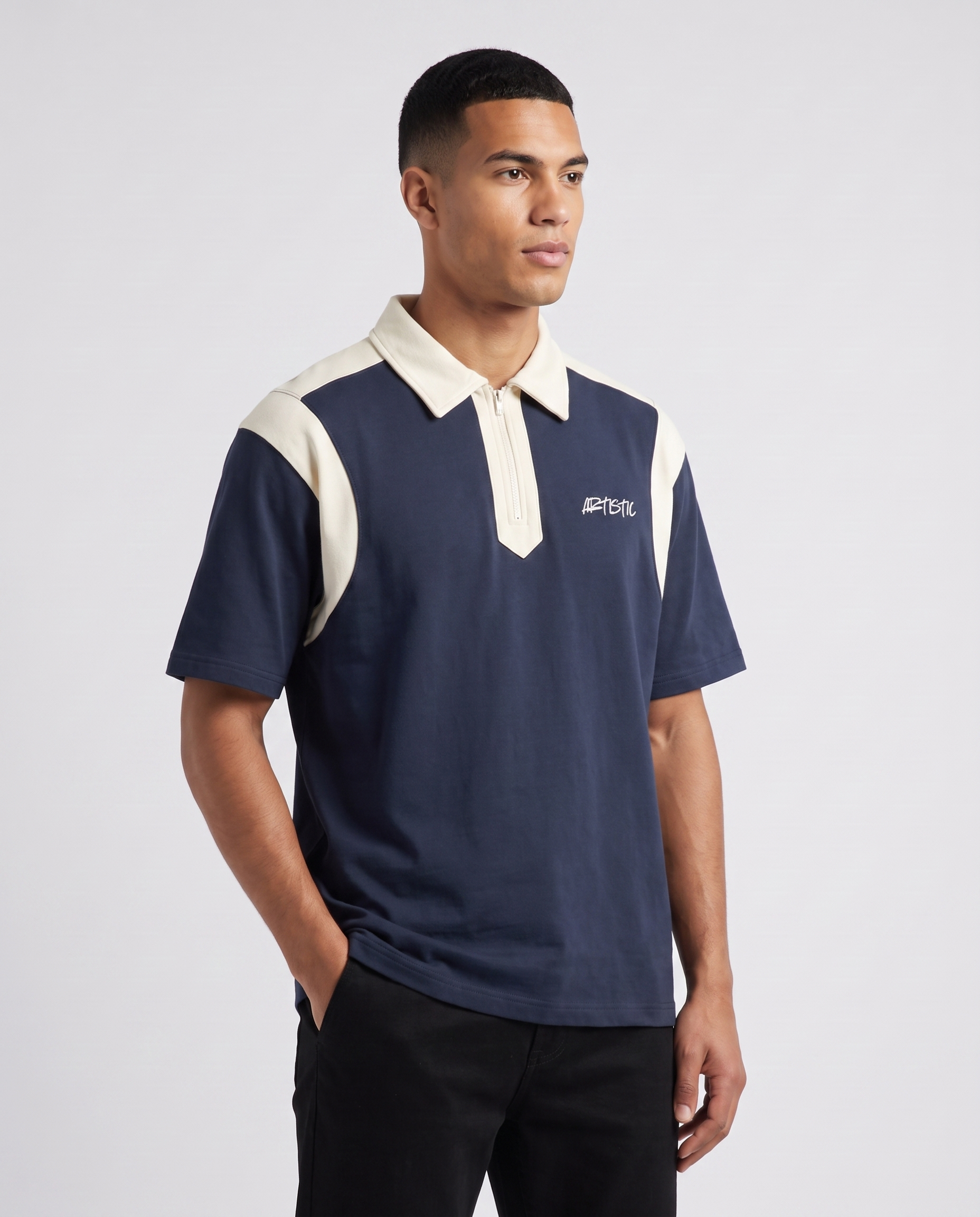 The Deep End zip polo — three-quarter angle