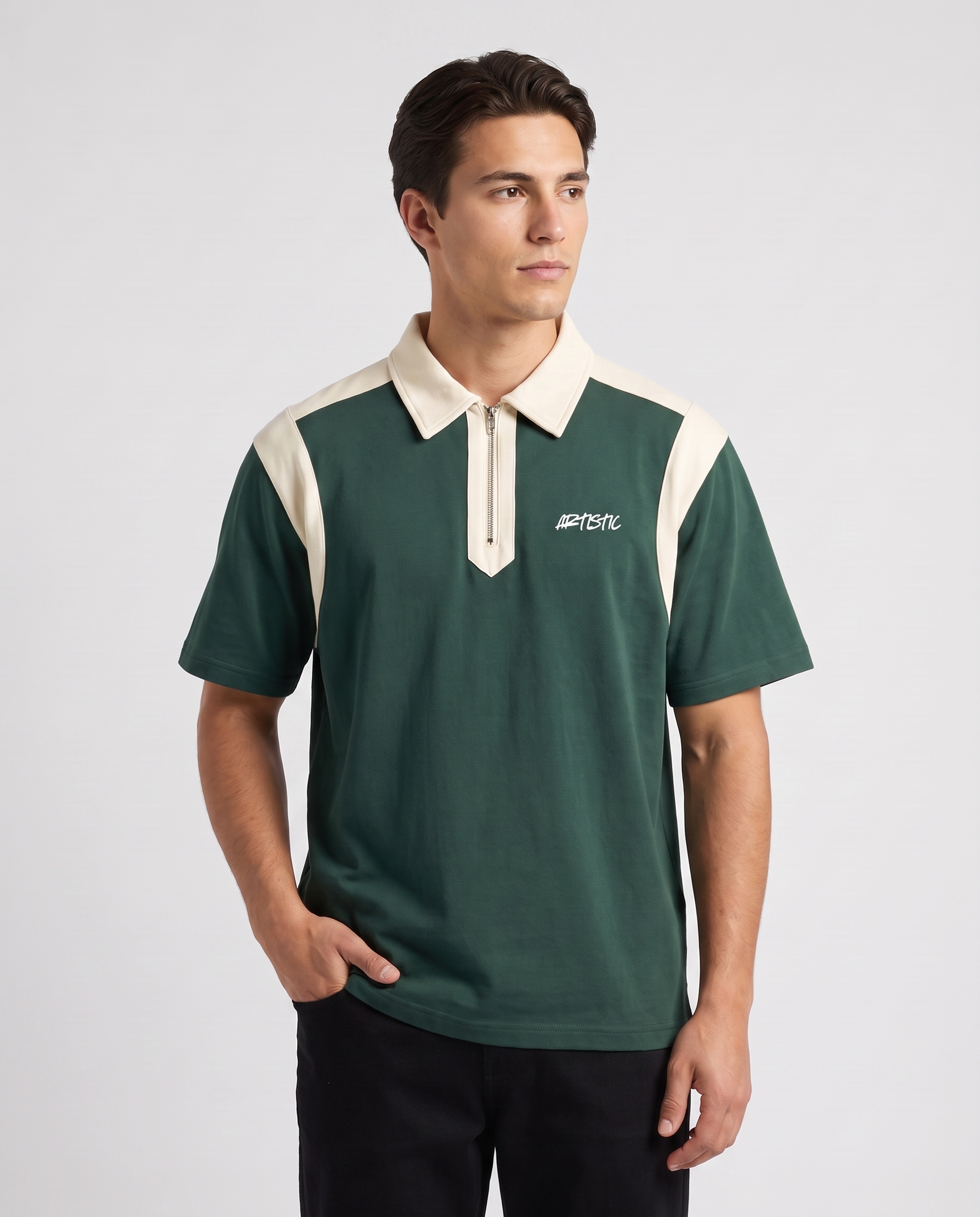 The Ink Well zip polo — three-quarter angle
