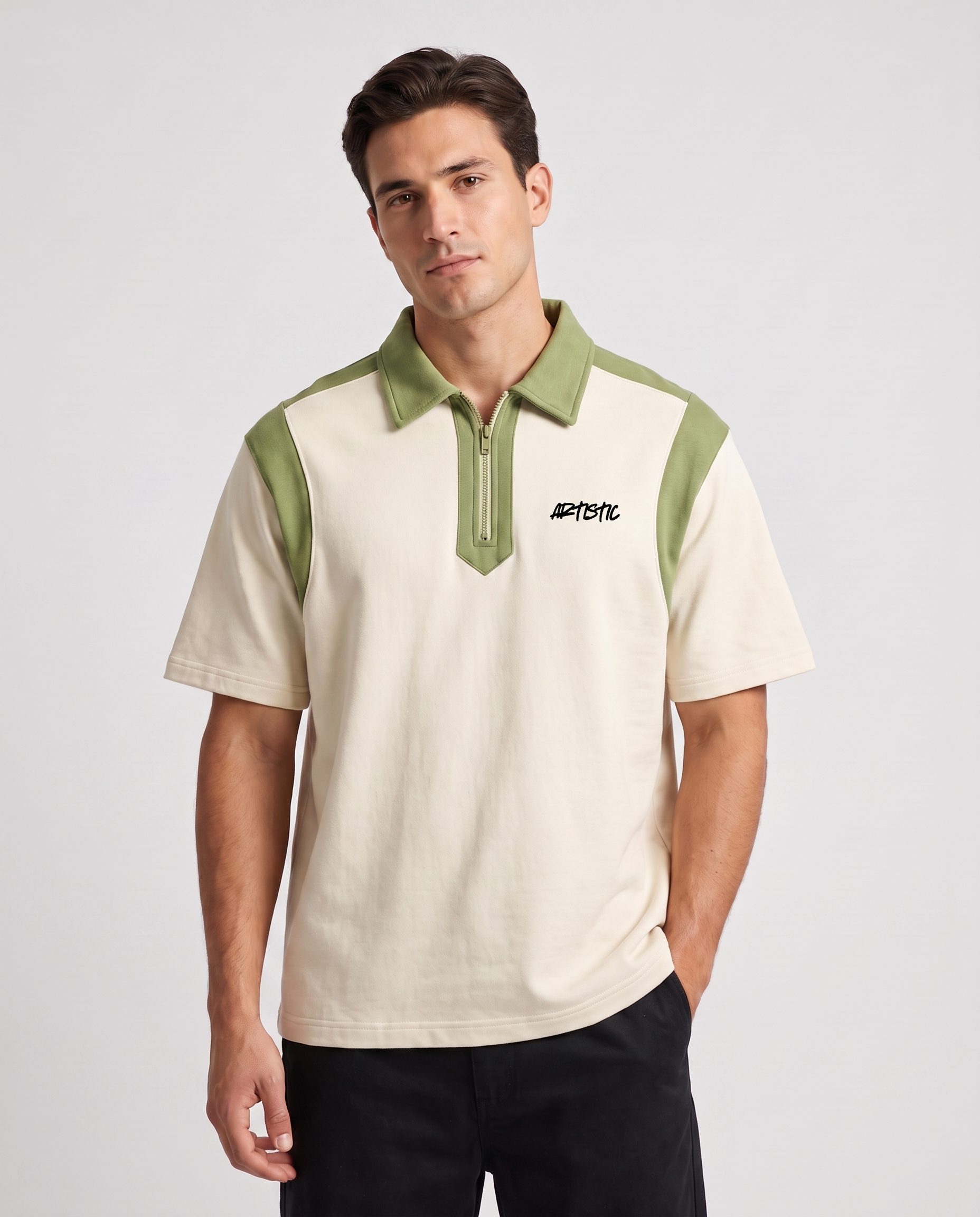 The Green Room zip polo — three-quarter angle