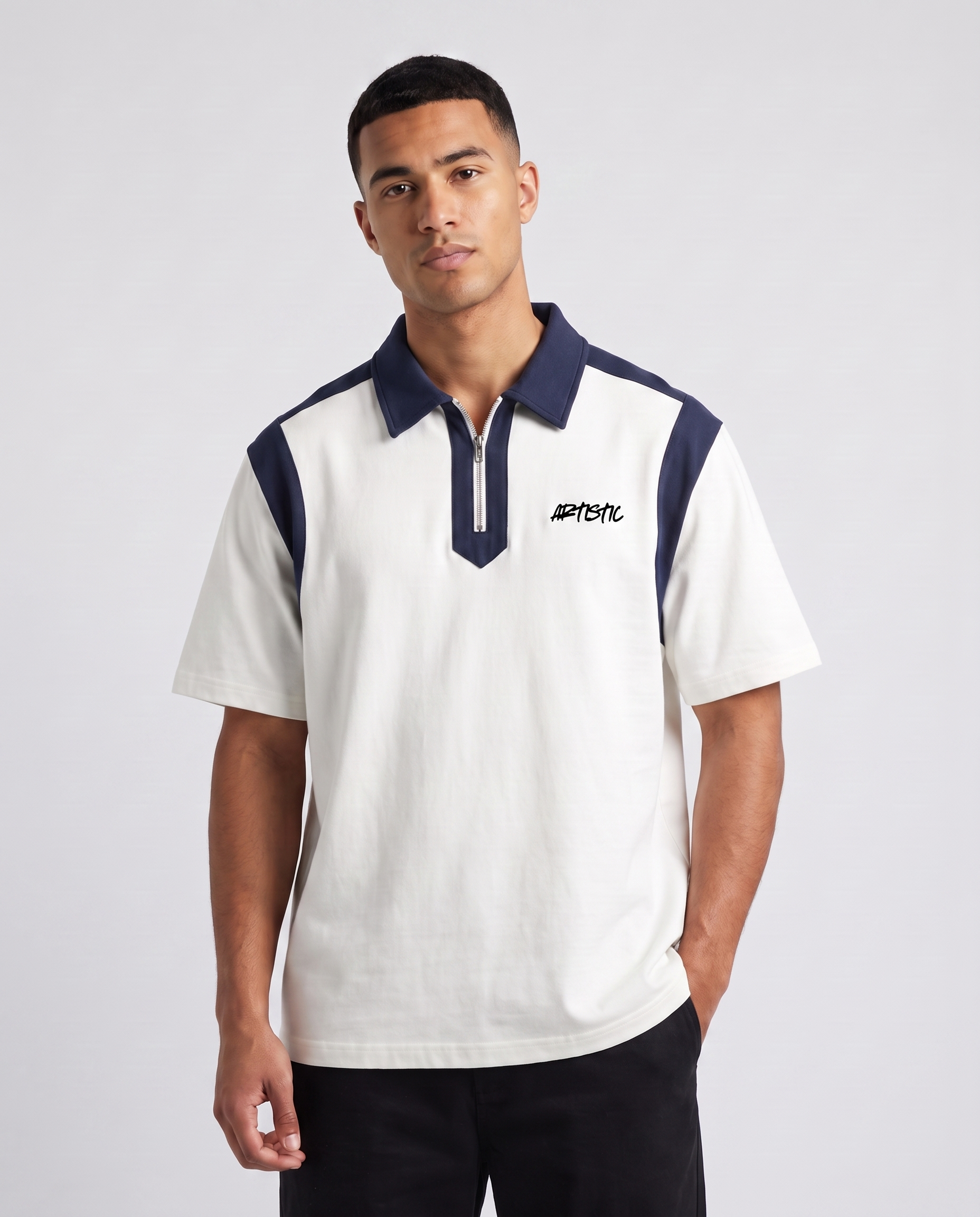 The Coconut Club zip polo — three-quarter angle